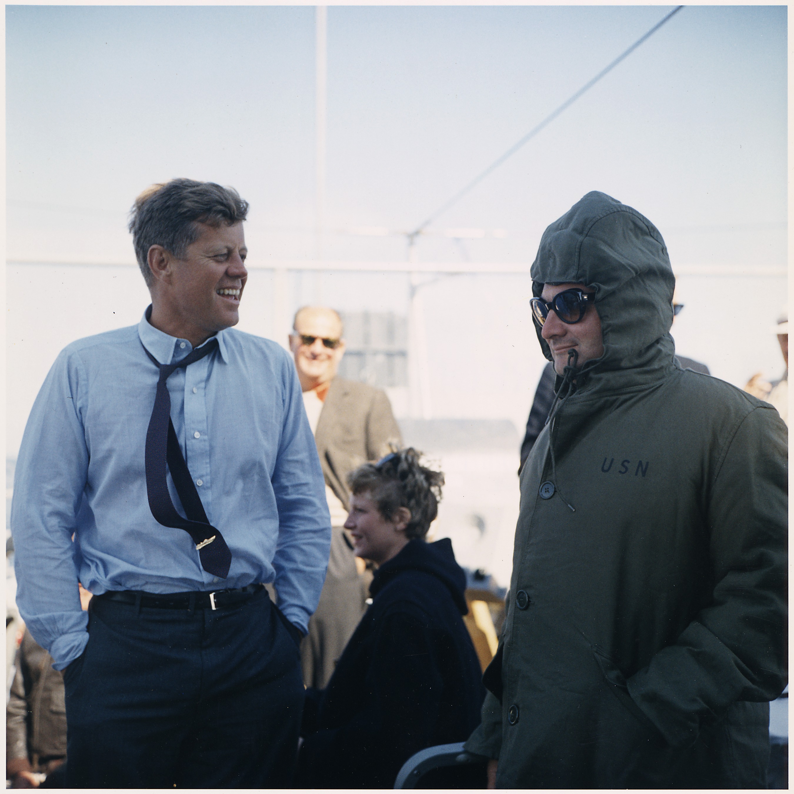 Watching the 4th America's Cup Race. President Kennedy, Press Secretary Pierre Salinger. Off Newport, RI, aboard the... - NARA - 194215