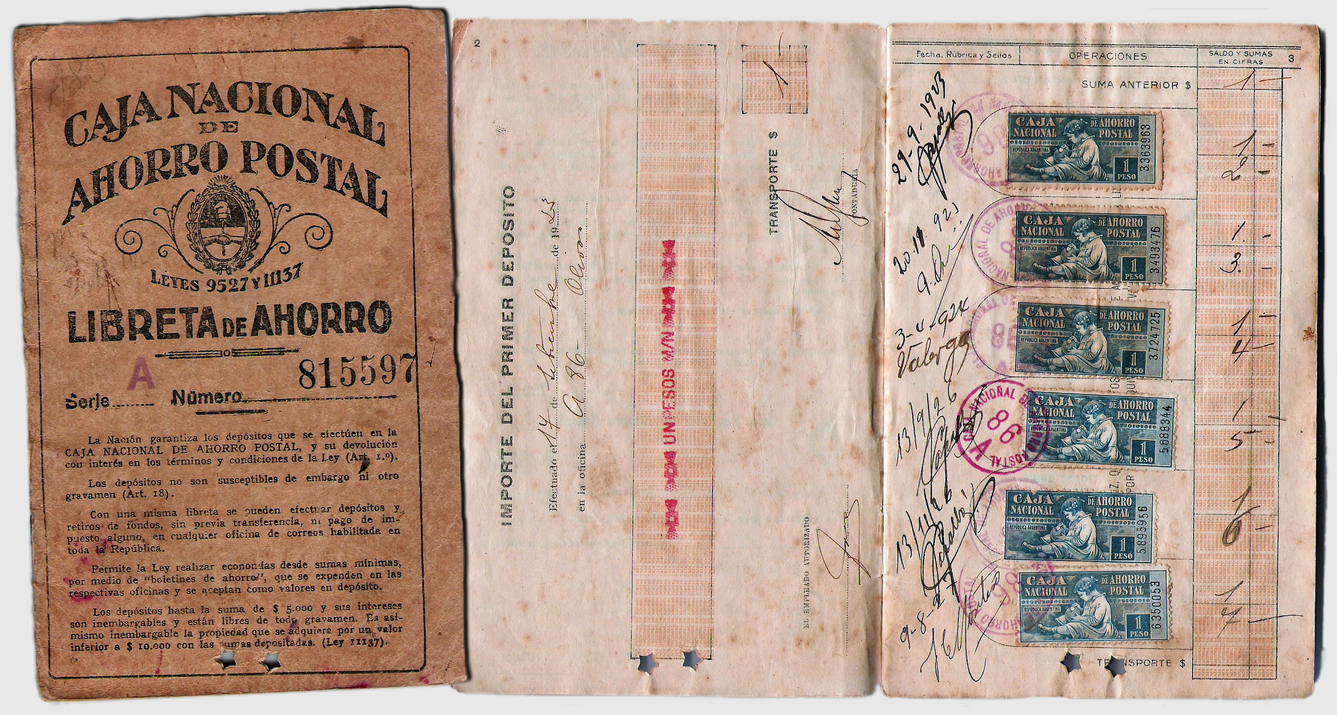 Libreta de Ahorro-Caja Nacional de Ahorro Postal-Año 1923-Argentina