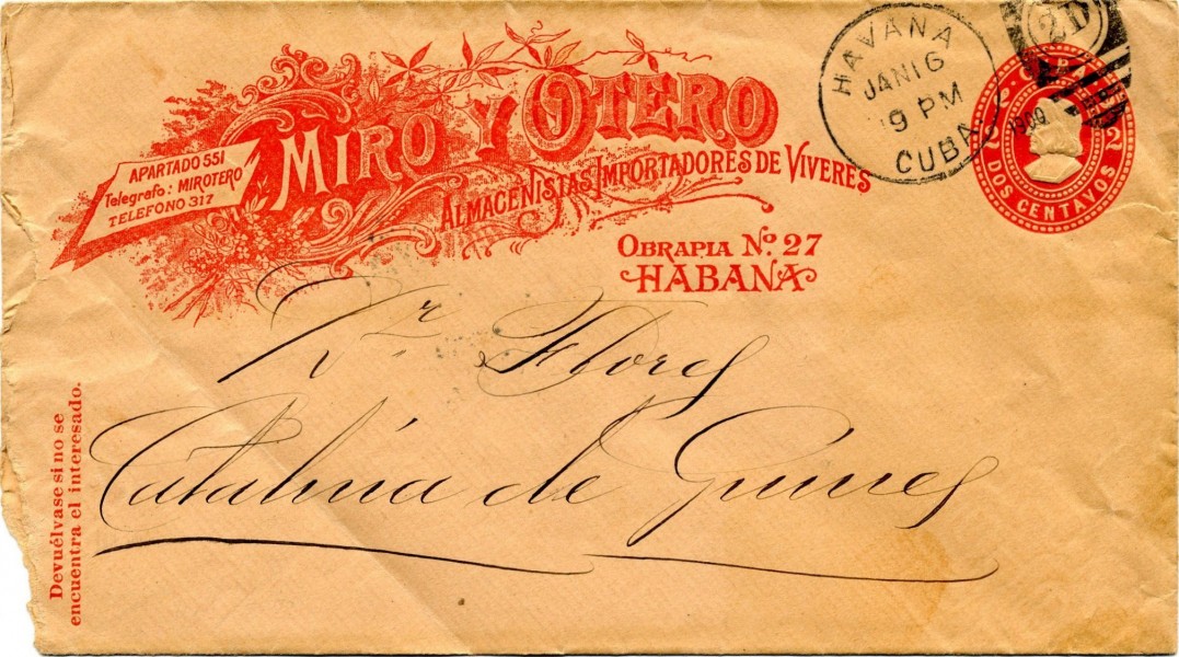 1899-Cuba-2c-StampedEnvelope-UsedCatalinaDeGuines