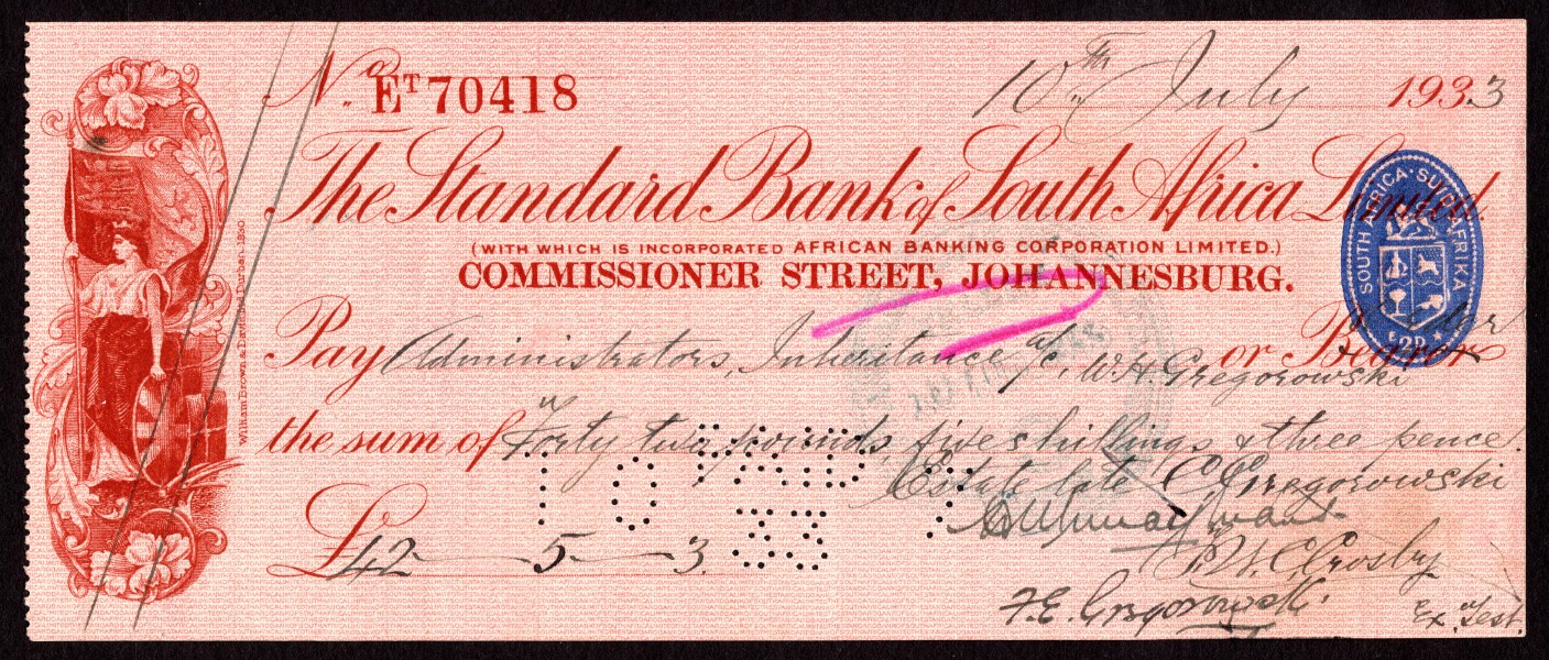 Standard Bank of South Africa 1933 cheque with impressed duty stamp