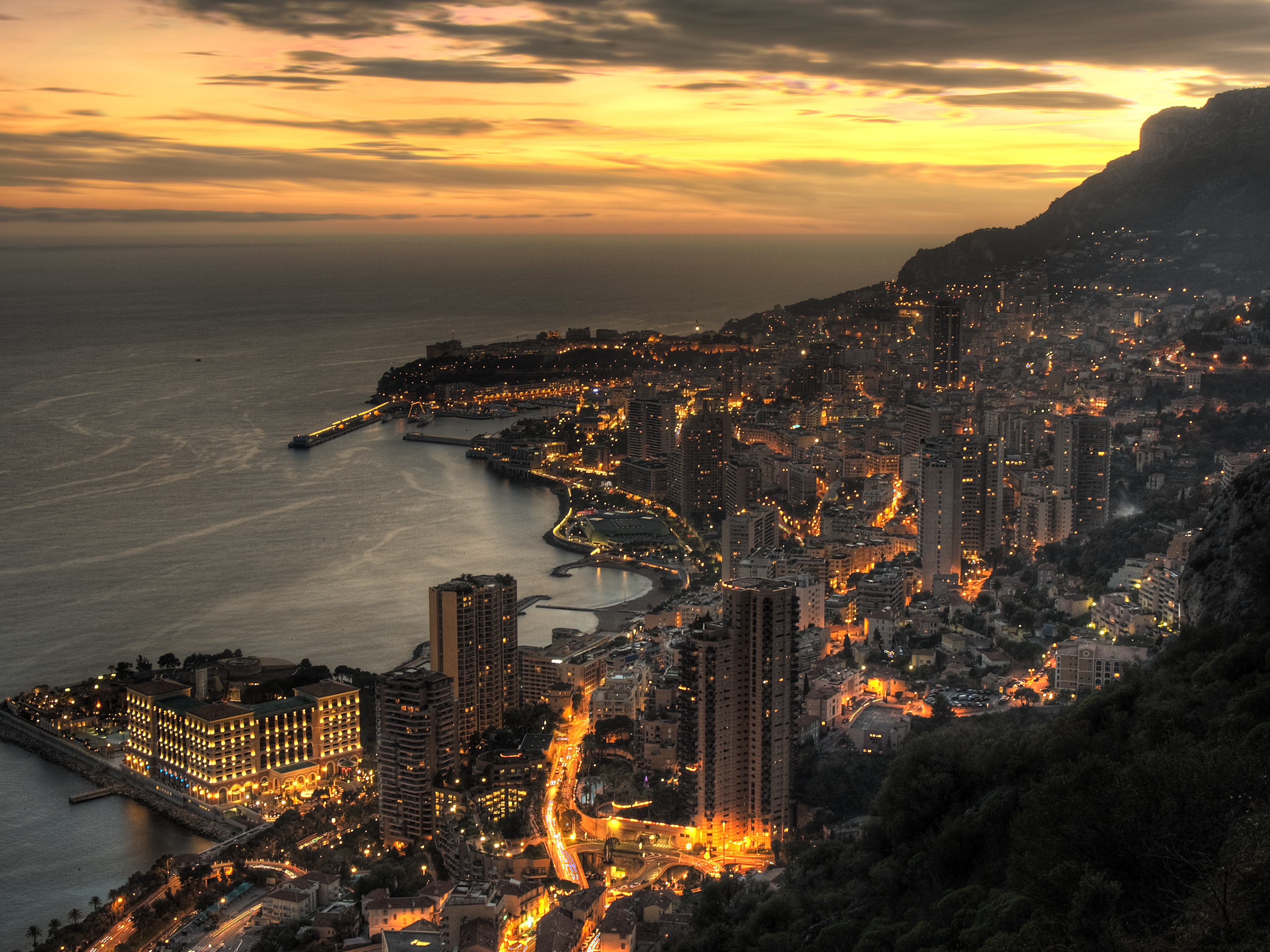 Aerial view of Monaco at dusk