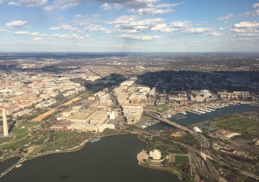 2016-03-18 16 41 29 View of Washington, DC from an airplane departing Ronald Reagan Washington National Airport, with the Federal Center Metro Station at the center