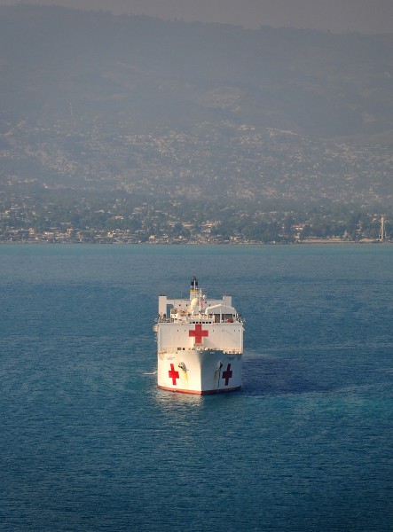 US Navy 100120-N-4774B-081 The Military Sealift Command hospital ship USNS Comfort (T-AH 20) is seen off the coast of Haiti