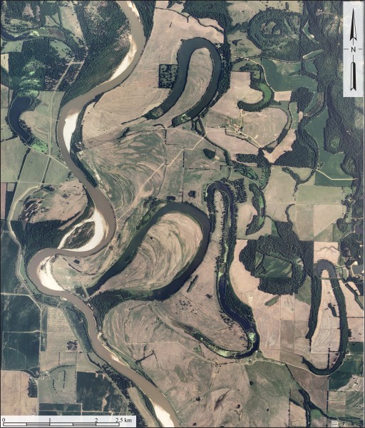Aerial photograph of meandering course of Red River in Lafayette and Miller counties, Arkansas