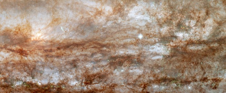 A portion of the spiral galaxy the Sculptor Galaxy (NGC 253) as viewed by the Hubble Space Telescope. NGC 253 is ablaze with the light from thousands of young, blue stars. The spiral galaxy is undergoing intense star formation. The image demonstrates the sharp 