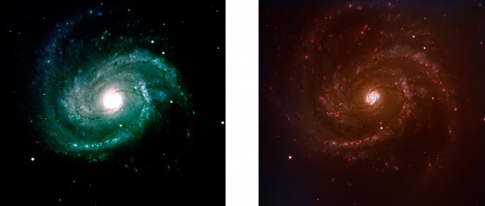 Comparison between two images of Messier 100, taken in March 2002 with the VIMOS instrument on Melipal (VLT) and in February 2006 with FORS1 on Kueyen (VLT). The difference in colours comes from the different filters used. The supernova SN 2006X is clearly present in the FORS1 image as the bright object in the middle, just above the lower main spiral arm. It is not seen in the VIMOS image.