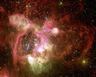 The centre of the associated nebular complex N44 in the Large Magellanic Cloud in more detail. The field size is 8.5 x 8.5 square arcminutes. North is up and East is left.