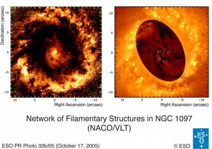 The image shows the same central region as seen in the J-Ks colour. It clearly shows the nucleus, the central spiral arms extending up to 1,300 light-years from the centre, and the star-forming ring. The right image shows the same but after a masking process has been applied to suppress the central stellar light of the galaxy. The central spiral arms are now seen as dark channels, some extending up to the star-forming ring. North is up and East is to the left.