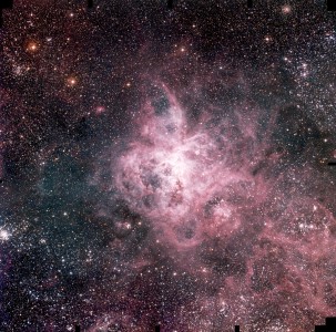 The LMC is a satellite galaxy to our Milky Way system, located in the southern constellation Dorado (The Swordfish) at a distance of approximately 170,000 light-years. The image is based on 15 exposures in the visual part of the spectrum with the Wide Field Imager (WFI) camera on the 2.2-m MPG/ESO telescope at the La Silla Observatory. A number of small areas near the borders were not covered in all three colours and have been left black. Six smaller fields with particular objects from this photo are reproduced as PR Photos 14b-g/02. PR Photo 14a/02 was produced from 15 images that were obtained in September 2000 with the Wide-Field-Imager (WFI) at the 2.2-m MPG/ESO telescope. The images were exposed in the B-band (5 x 200 sec; wavelength 456 nm; Full-Width-Half-Maximum (FWHM) 99 nm; here rendered as blue), V-band (5 x 200 sec; 540 nm; 89 nm; green) and R-band (5 x 200 sec; 652 nm; 162 nm; red). The original pixel size is 0.238 arcsec. The photo shows the full field recorded in all three colours. It measures approximately 34 x 34 arcmin 2 ; North is up and East is left. The seeing was about 1.6 arcsec.