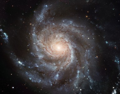 the galaxy Messier 101 (M101, also known as NGC 5457 and also nicknamed the Pinwheel Galaxy) lies in the northern circumpolar constellation, Ursa Major (The Great Bear), at a distance of 25 million light-years from Earth. This is one of the largest and most detailed photo of a spiral galaxy that has been released from Hubble. The galaxy's portrait is actually composed of 51 individual Hubble exposures, in addition to elements from images from ground-based photos. A high-res version with 15852 x 12392 pixels in jpg and tiff format is also available, see below for url