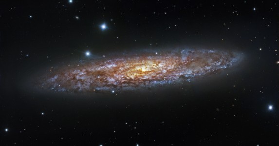 NGC 253, also known as the Sculptor Galaxy, is the brightest of the Sculptor Group of galaxies, found in the constellation of the same name, and lying approximately 13 million light-years from Earth. The Sculptor Galaxy is known as a starburst galaxy for its current high rate of star formation, one result of which is its superwind, a stream energetic material spewing out from the center of the galaxy out into space. The purple light comes from that frenzy of star formation, which originally began 30 million years ago, while the yellowish color is created by dust lit up by young, massive stars.