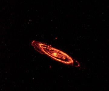 This image from NASA's Wide-field Infrared Survey Explorer, or WISE, highlights the dust that speckles the Andromeda galaxy's spiral arms. It shows light seen by the longest-wavelength infrared detectors on WISE (12-micron light has been color coded orange, and 22-micron light, red).
The hot dust, which is being heated by newborn stars, traces the spidery arms all the way to the center of the galaxy. Telltale signs of young stars can also be seen in the centers of Andromeda's smaller companion galaxies, M32 and M110.
Andromeda, also called M31, is 2.5 million light-years away, and is the nearest large neighbor to our Milky Way galaxy.