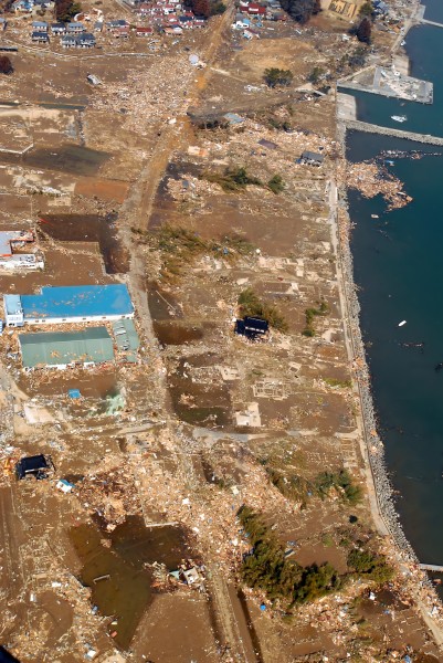 An aerial view of tsunami damage in an area north of Sendai, Japan, taken from a U.S. Navy helicopter-LF