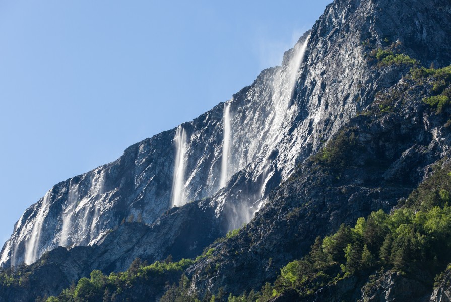 waterfalls falling into a branch of the Sognefjord, Norway, near Flåm, June 2014, picture 92