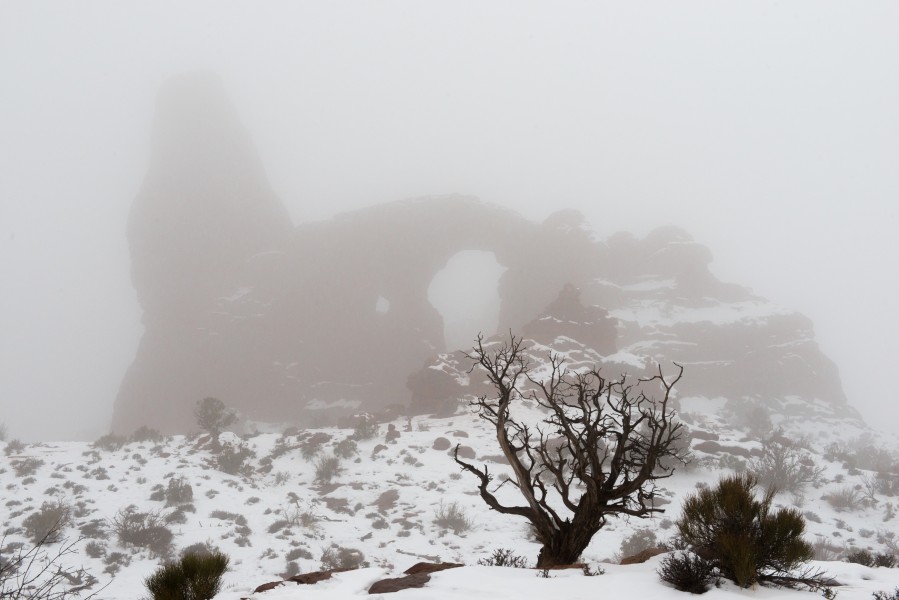 Turret Arch, obscured by fog. (8421738634)