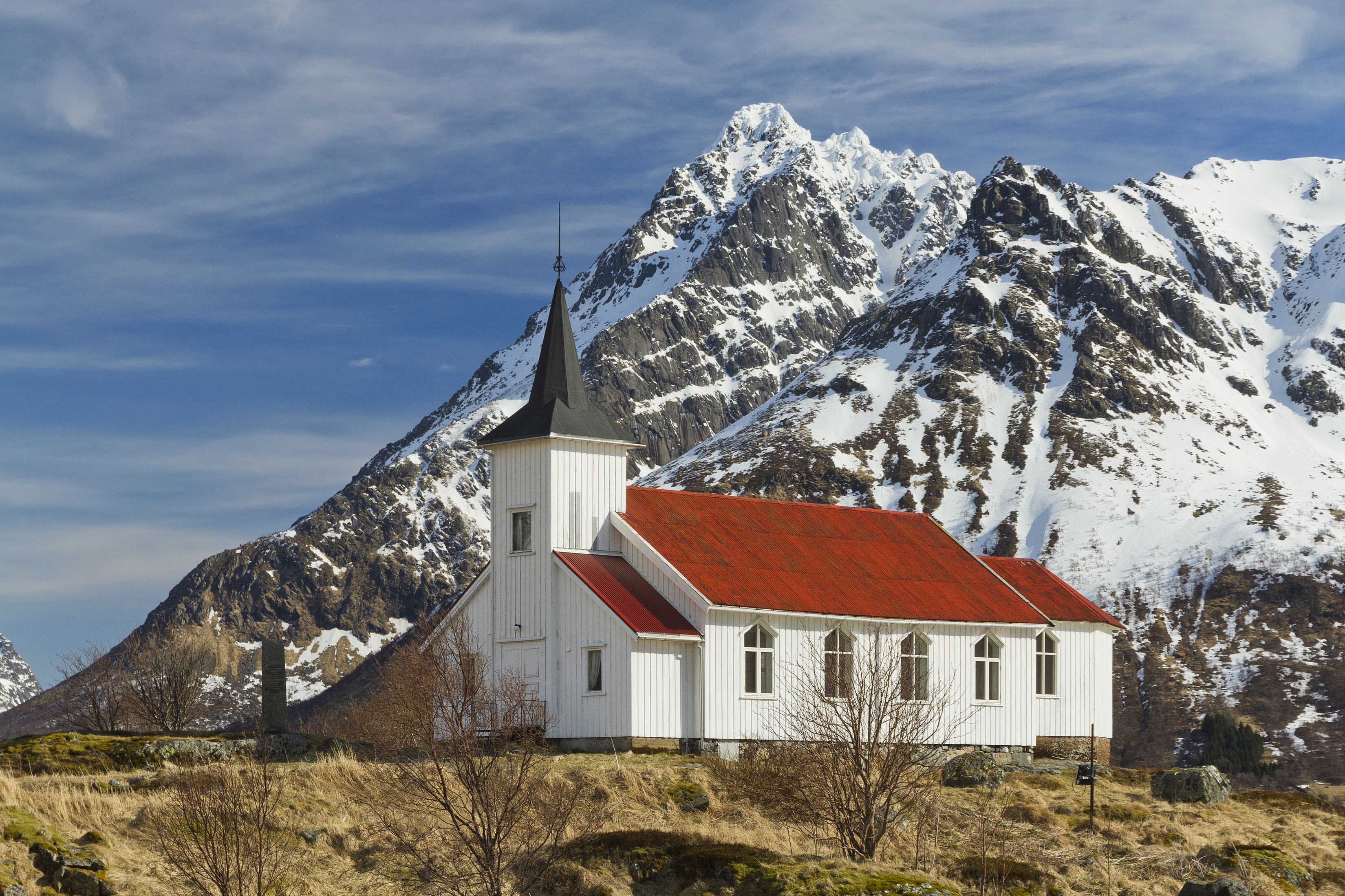 Sildpollnes Church and Higravstindan in morning, Austvågøya, Lofoten, Norway, 2015 April