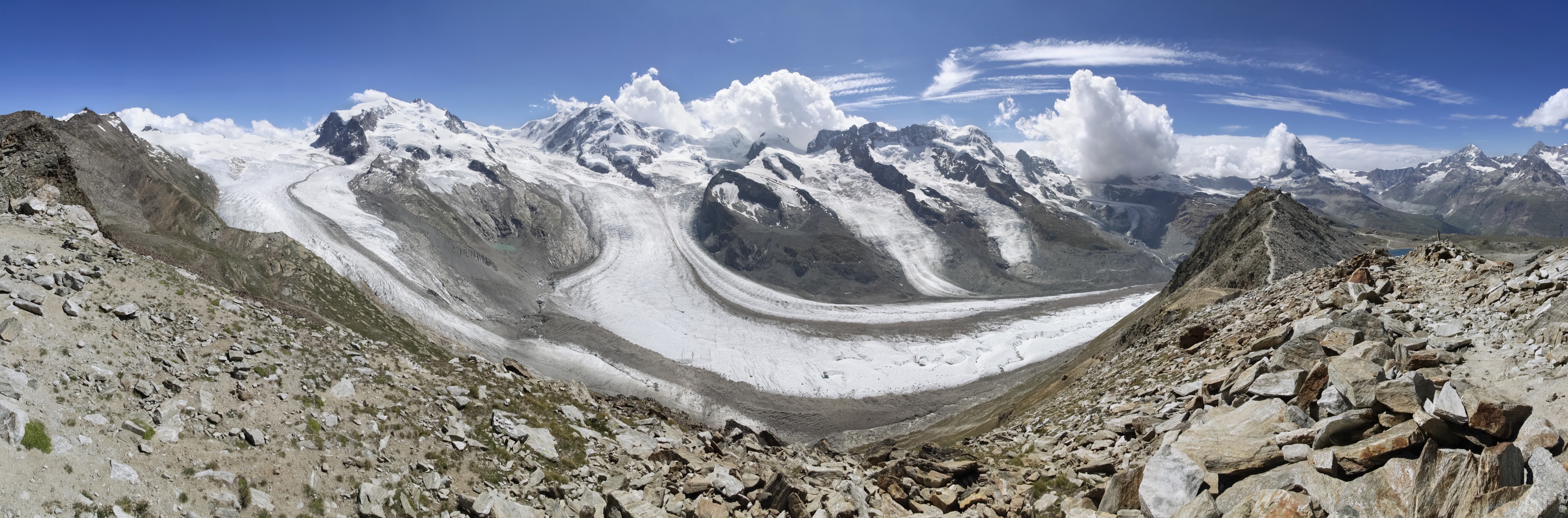 Wide view to Gornergletscher, Monte Rosa and Matterhorn, 2012 August