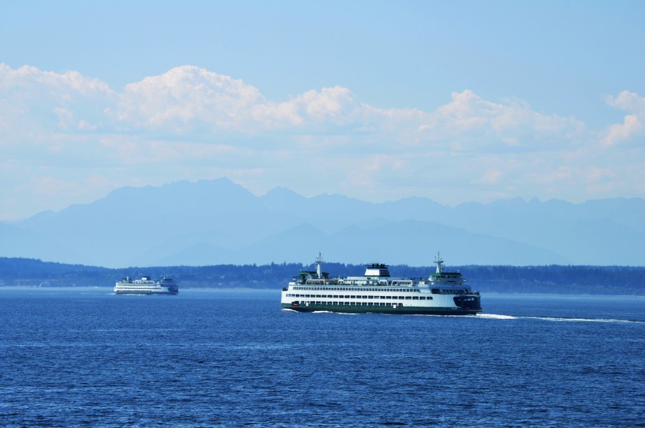 Washington State ferries with Olympics in background