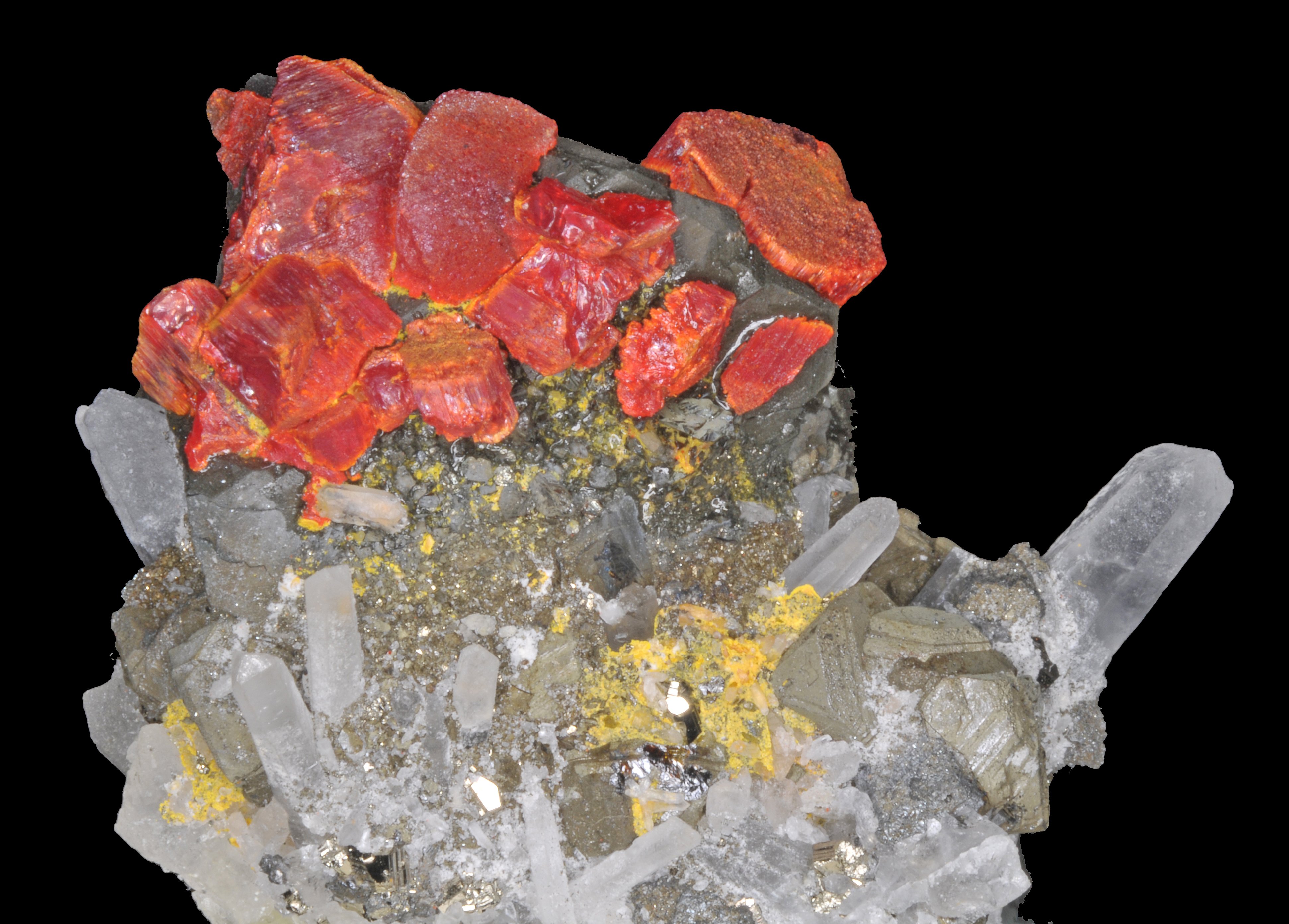 Réalgar, galène, pyrite, sphalérite, quartz et orpiment (Palomo Mine Andrea - Pérou) 