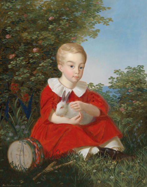 Joseph Weidner Bildnis eines Knaben mit Zwerghasen 1839