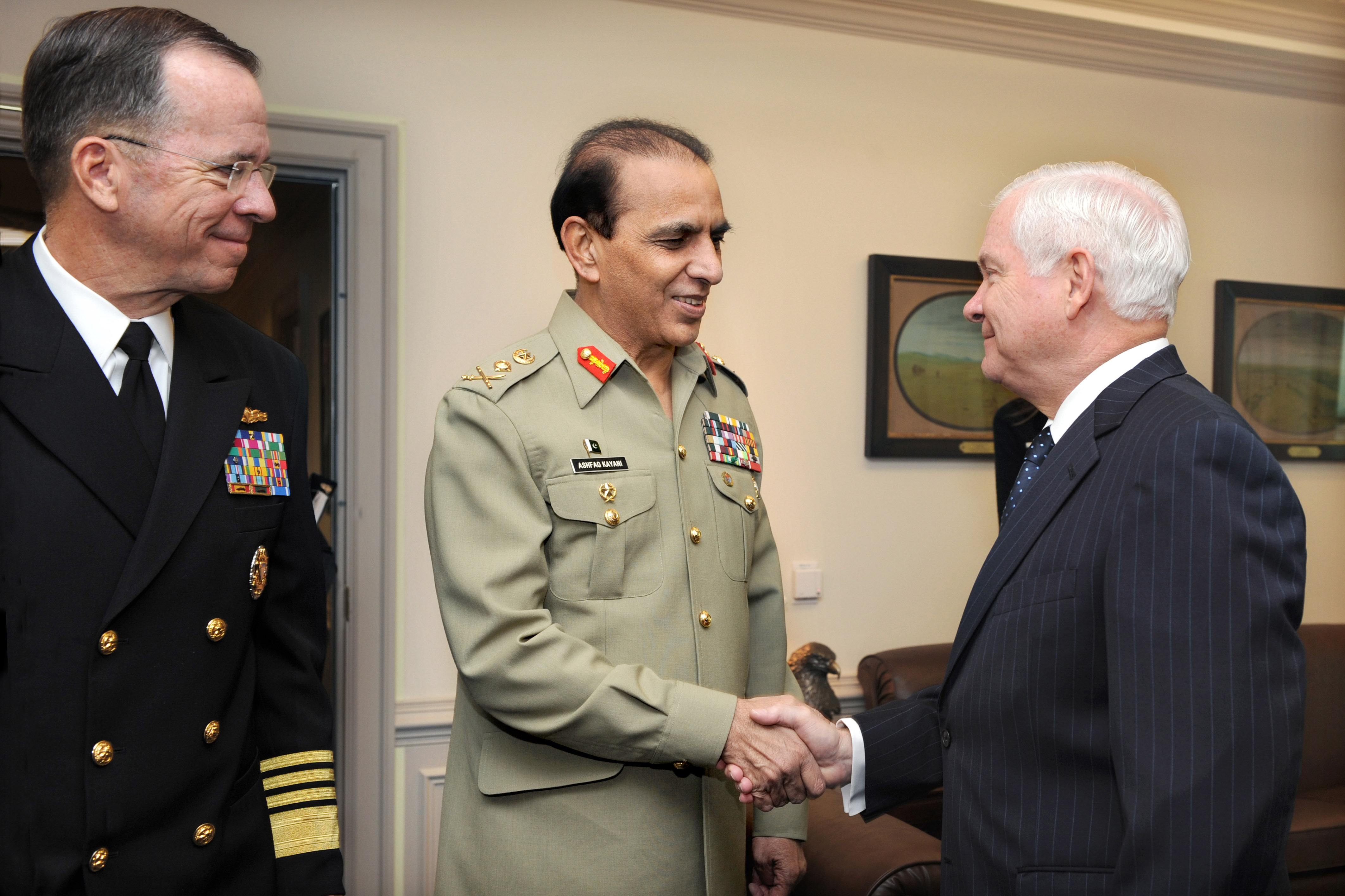 Defense.gov News Photo 101020-D-9880W-003 - Secretary of Defense Robert M. Gates right welcomes Chief of the Pakistani Army Staff Gen. Ashfaq Kayani to his Pentagon office for security