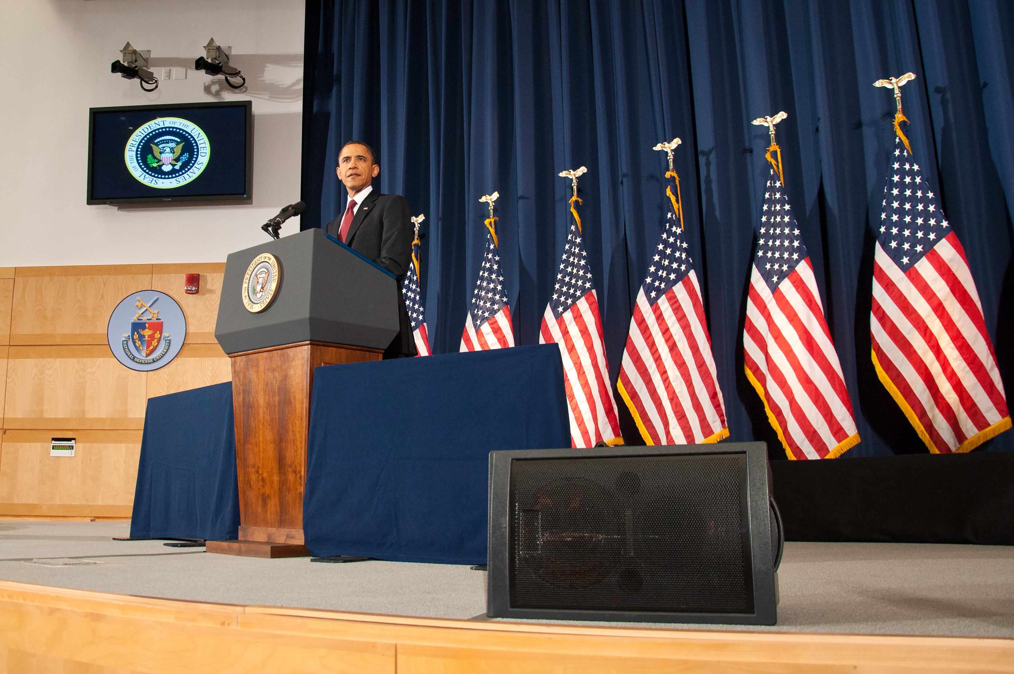 President Barack Obama speaking on the military intervention in Libya at the National Defense University