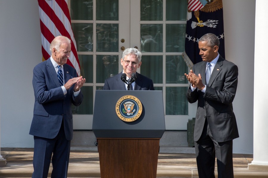 2016 March 16 Merrick Garland at podium with Obama and Biden