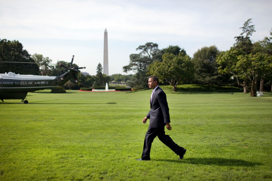 President Barack Obama walks across the South Lawn of the White House to Marine One after a statement to the media about the release of two journalists from North Korea