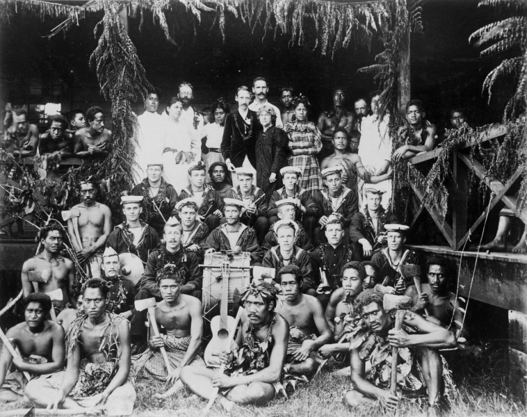 Robert Louis Stevenson, his family and Samoans, and the band of HMS Tauranga at Vailima, ca. 1890
