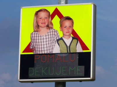 Chodov, Prague, the Czech Republic. Opatov Housing Estate, Ke Kateřinkám street, a children warning road sign.