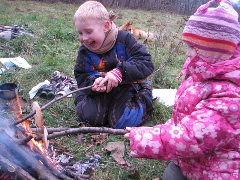 A small boy and a small girl making toasts from bread near fire, picture 3