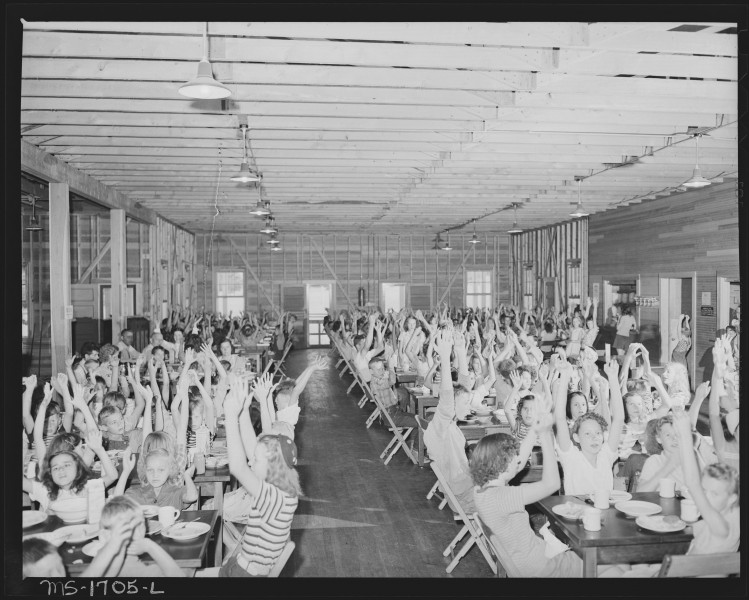 Dining-hall for campers. Here they are singing one song which is acted out. Koppers Recreation Camps, Inc. Camp... - NARA - 540908