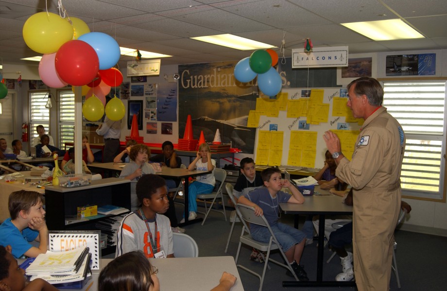 US Navy 041028-F-0971G-021 Retired Capt. Dale Snodgrass speaks to children from the Starbase program at the Florida Air National Guard Base in Jacksonville, Fla
