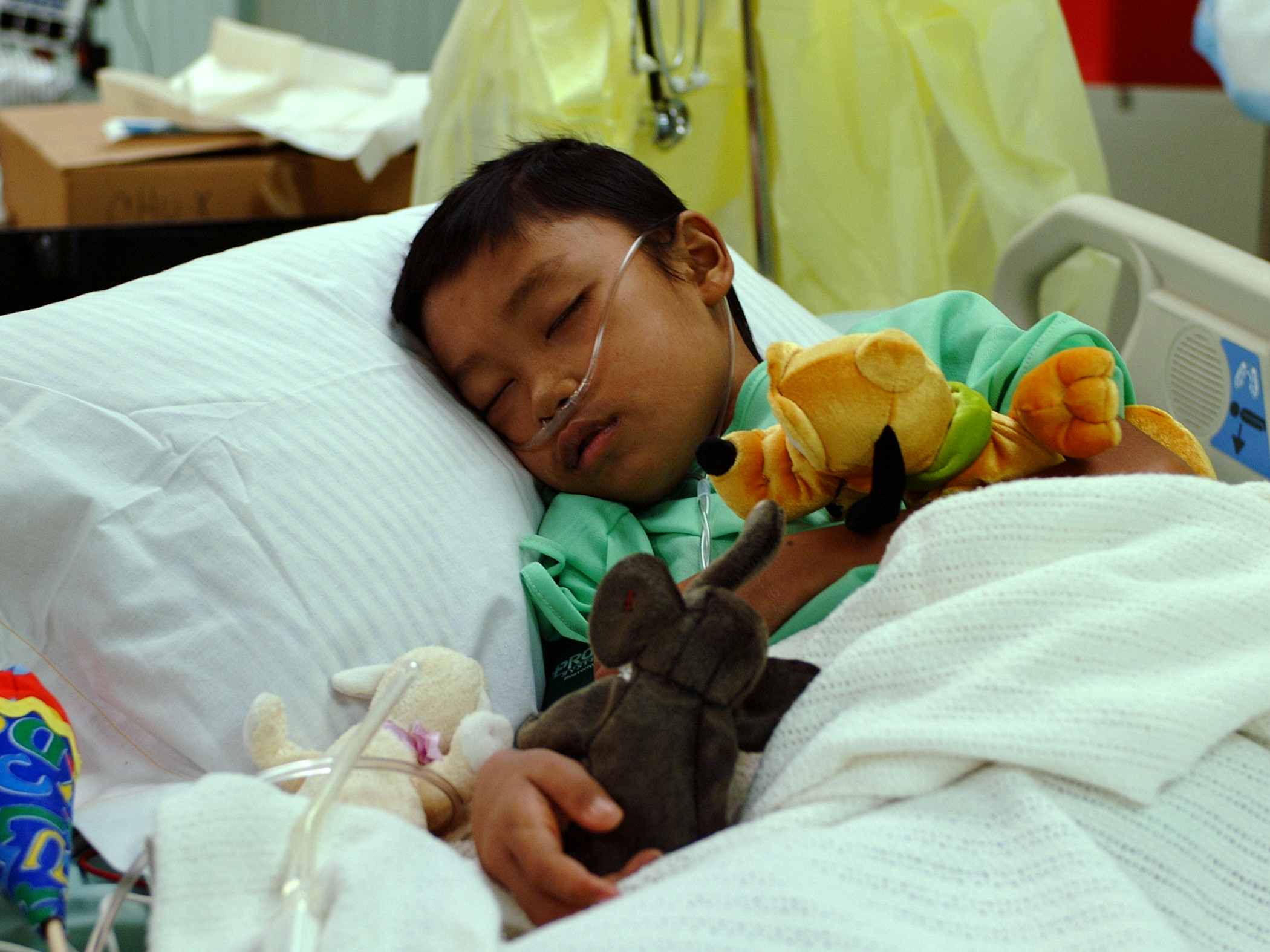 US Navy 050214-N-0357S-060 An 11-year old Indonesian boy rests in a hospital bed in the Intensive Care Unit aboard the Military Sealift Command (MSC) hospital ship USNS Mercy (T-AH 19)