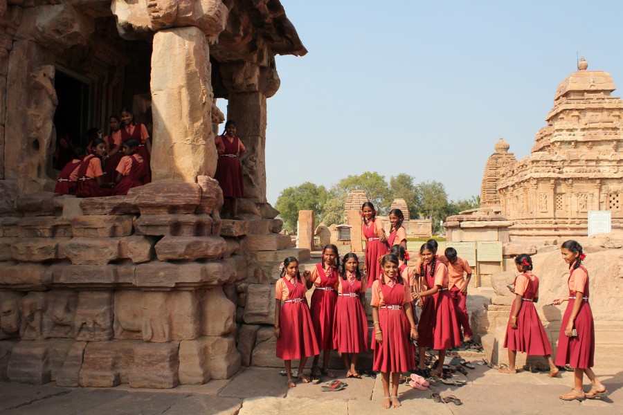 Pattadakal, girls visiting architectural site, school India 2013