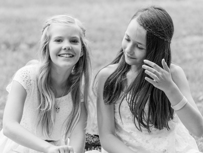 two cute girls in Sigtuna, Sweden in June 2014, picture 4 out 4, black and white version