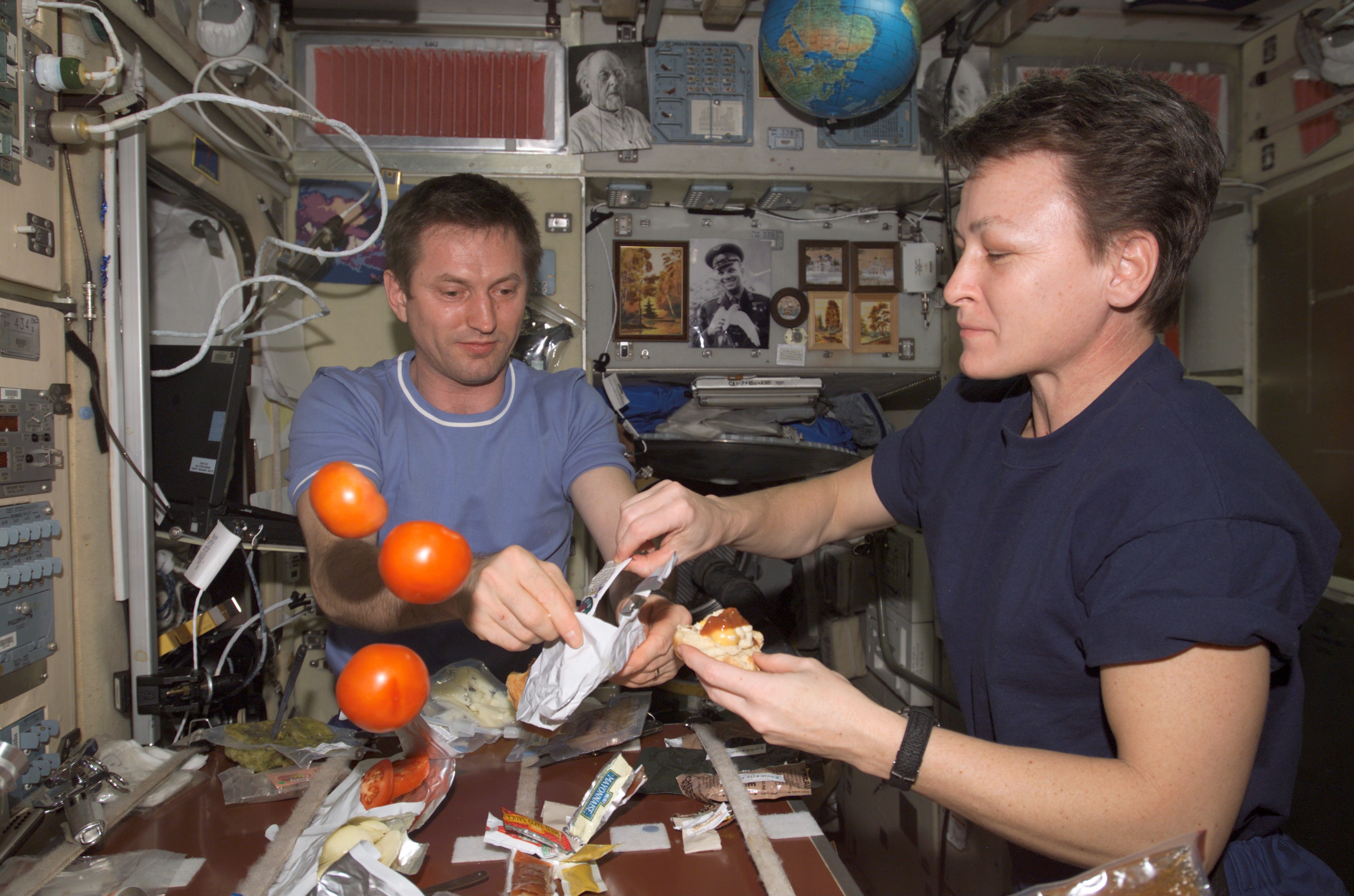 ISS-05 Peggy Whitson and Sergei Treshchyov share a meal in the Zvezda Module