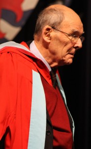 A photo of David Malet Armstrong taken at the University of Nottingham, UK whilst receiving his doctor of letters honoris causae at the winter graduation ceremonies.
