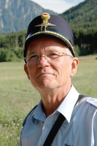 Train conductor on the museum train in the Valley of Rosen (Rosental) between Ferlach and Weizelsdorf, Carinthia, Austria