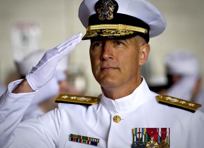 VIRGINIA BEACH, Va. (May 14, 2010) Rear Adm. Tom Meek salutes as he is piped aboard during a change of command ceremony at Joint Expeditionary Base Little Creek-Fort Story. Meek relieved Vice Adm. Denby Starling as commander of Navy Cyber Forces. (U.S. Navy photo by Mass Communication Specialist 2nd Class Joshua J. Wahl/Released)