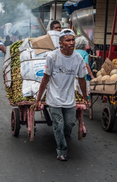 Person carrying utensils for sale on a cart