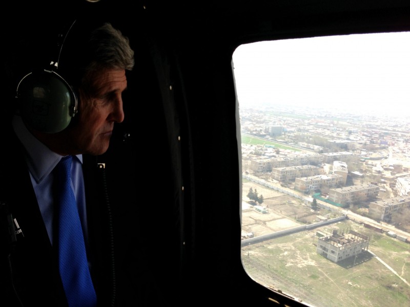 Secretary Kerry in a Helicopter Over Afghanistan (8592932158)