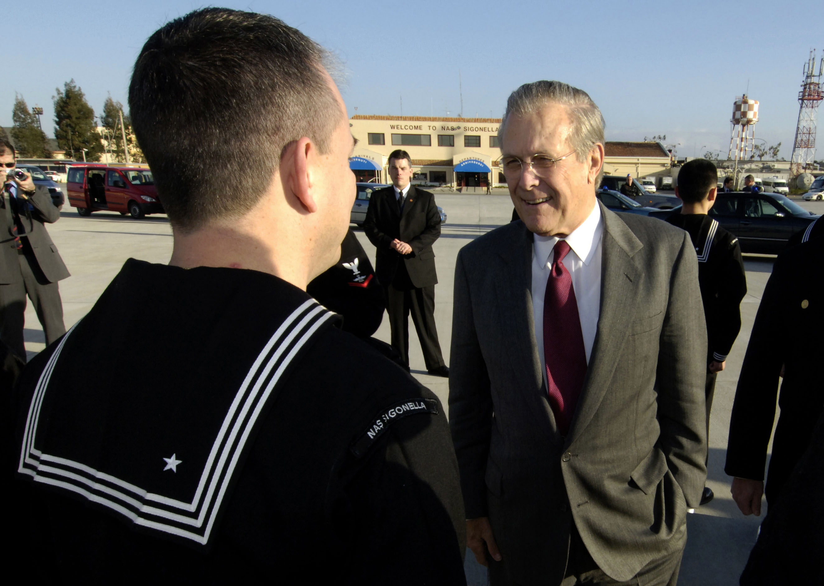 US Navy 060211-N-0696M-371 Secretary of Defense (SECDEF) the Honorable Donald H. Rumsfeld, visits U.S. Navy Sailors at Naval Air Station Sigonella, Sicily