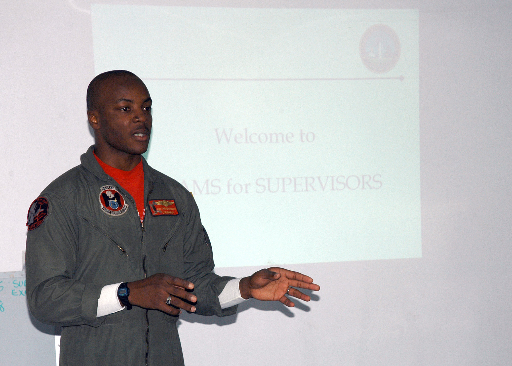 US Navy 061106-N-0068G-008 Aviation Warfare Systems Operator 2nd Class Trevor Godwin, of Tampa, Fla., facilitates an Alcohol and Drug Abuse Management Supervisors (ADAMS) class