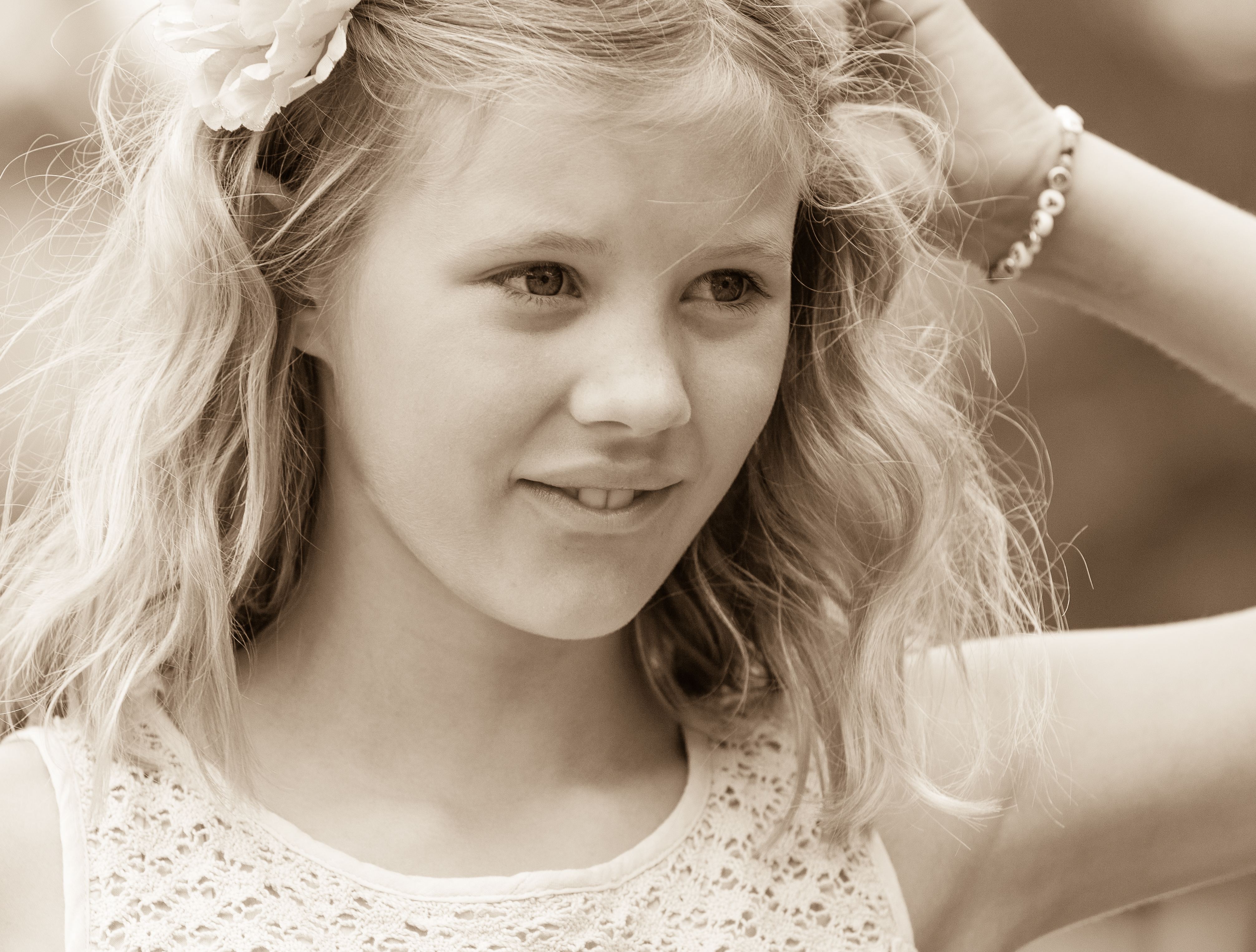 a blond beautiful girl photographed in Sigtuna, Sweden in June 2014, picture 10 out 20, a monochrome version