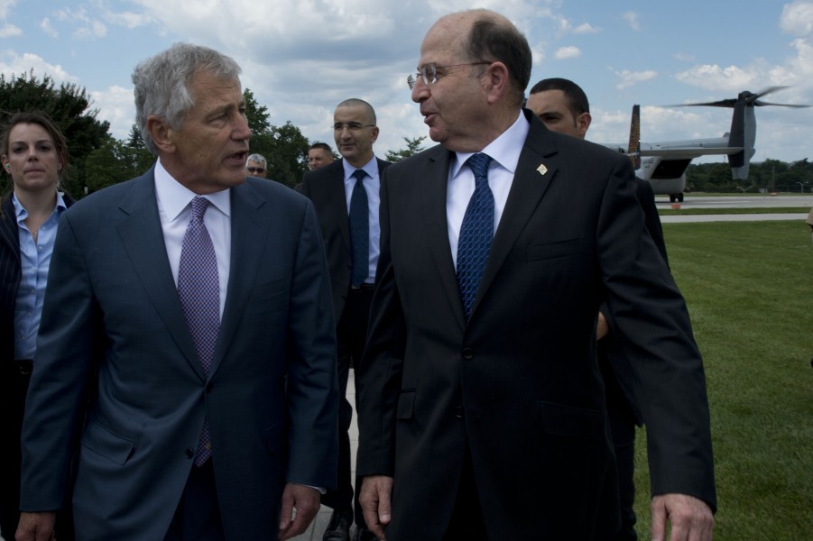 Secretary of Defense Chuck Hagel, left, walks with Israeli Minister of Defense Moshe Ya'alon outside the Pentagon in Arlington, Va., June 14, 2013 130614-D-BW835-205
