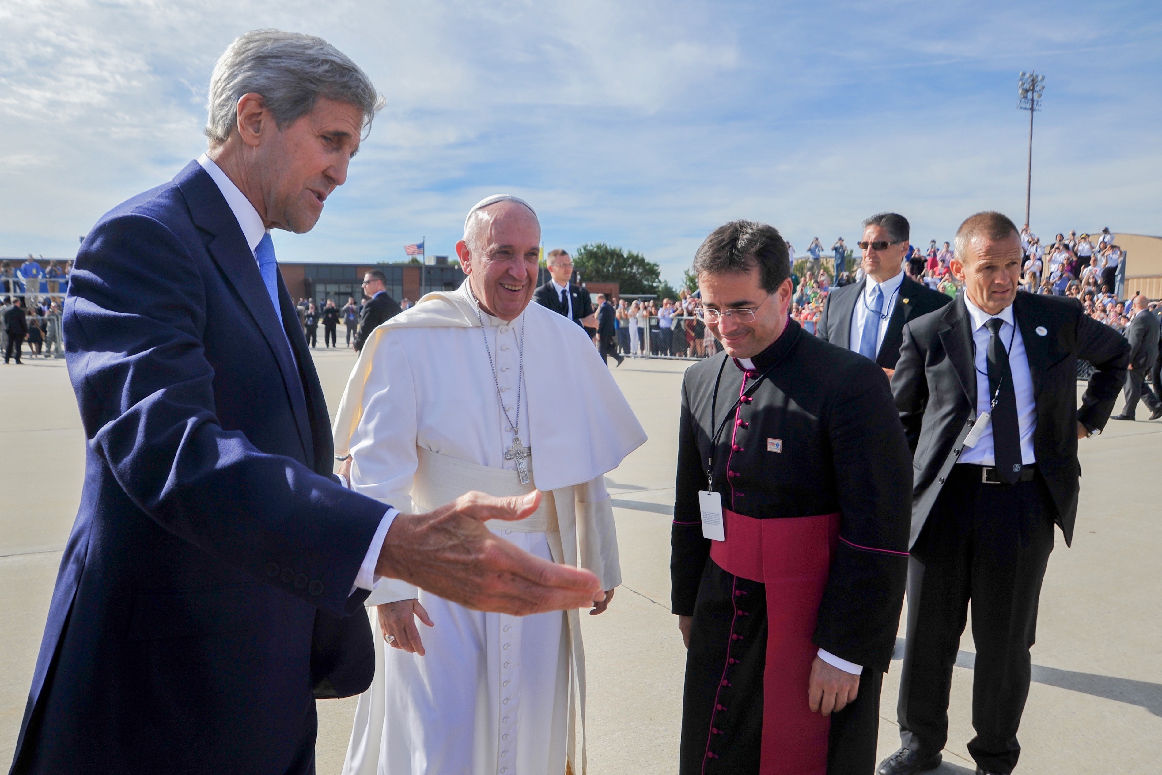 Secretary Kerry Guides Pope Francis Towards a Receiving Line at Andrews Air Force Base