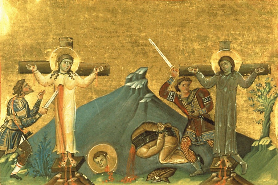 Martha and Mary, and their brother Lycarion, in Egypt (Menologion of Basil II)