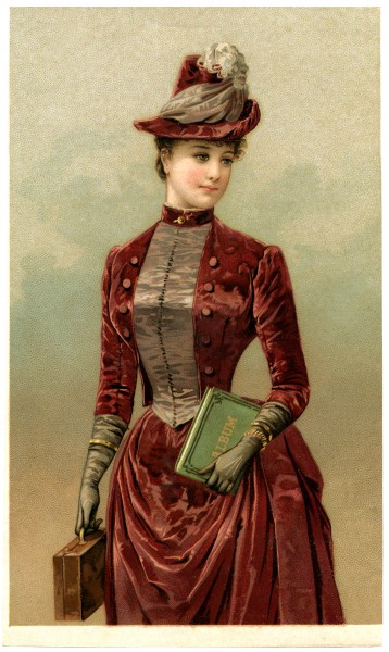 Fashionable woman, c.1886, in deep red dress and hat