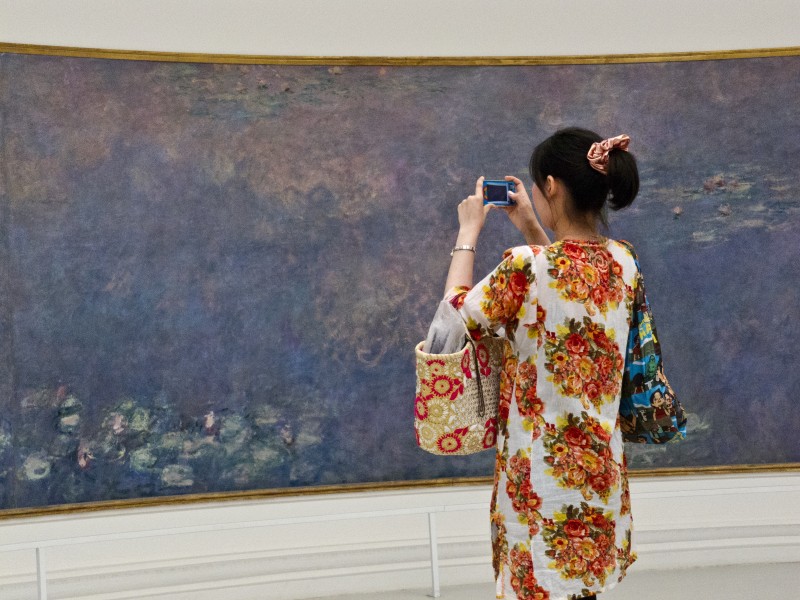 Woman photographs a Monet water lily mural in a Paris gallery.